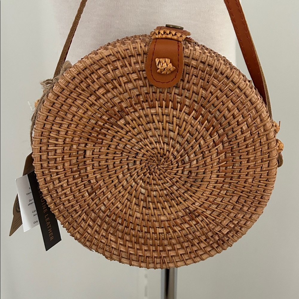 Round Woven Crossbody Bag with Tassels